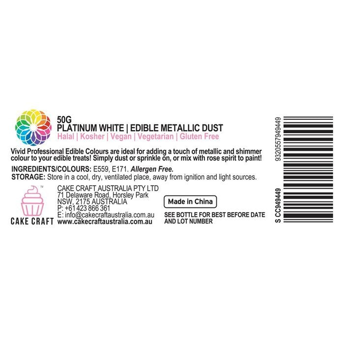 Vivid Edible Metallic Dust - Platinum White 50g
