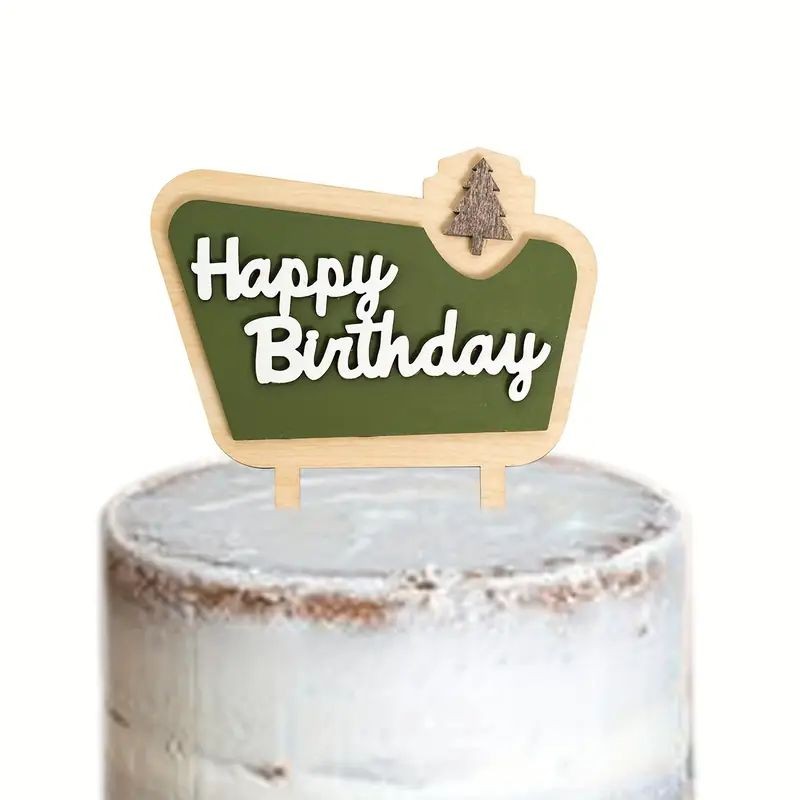 Wooden Cake Topper Happy Birthday Woodland Camping Style
