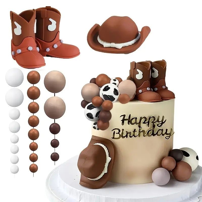 Cake Topper Brown Cowboy Hat, Boots, Assorted Balls 26pc set