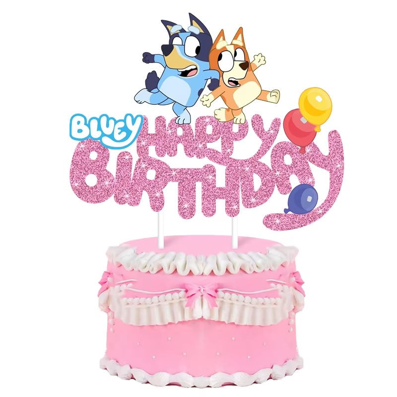 Cake Topper Bluey Style Happy Birthday Pink 1pc