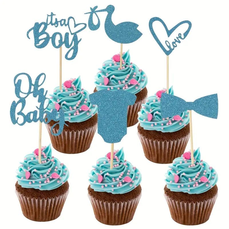 Cupcake Topper Baby Shower Boy Baby Blue 12pc