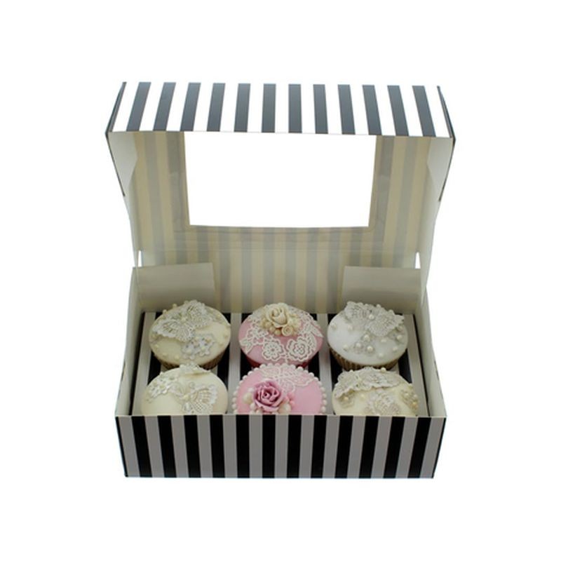 6 Hole Black & White Striped Cupcake Box with PVC Window