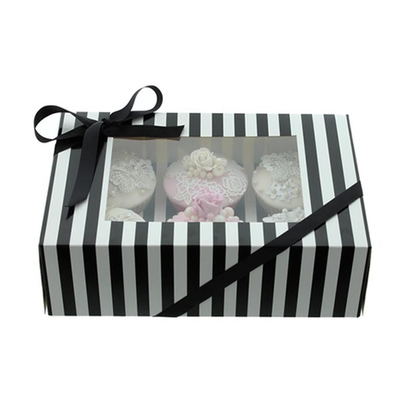 6 Hole Black & White Striped Cupcake Box with PVC Window