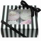 4 Hole Black & White Striped Cupcake Box with PVC Window