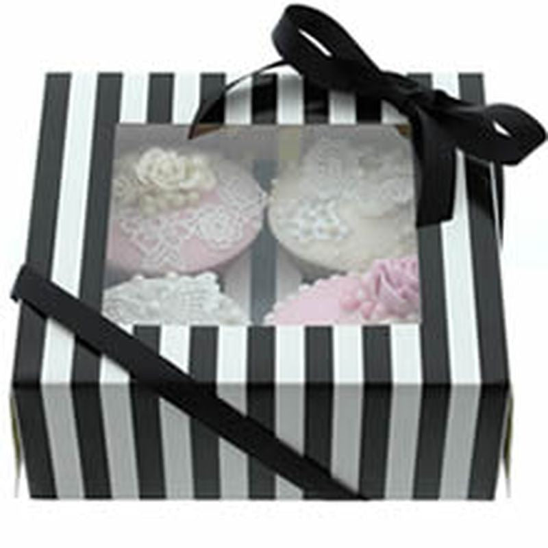 4 Hole Black & White Striped Cupcake Box with PVC Window
