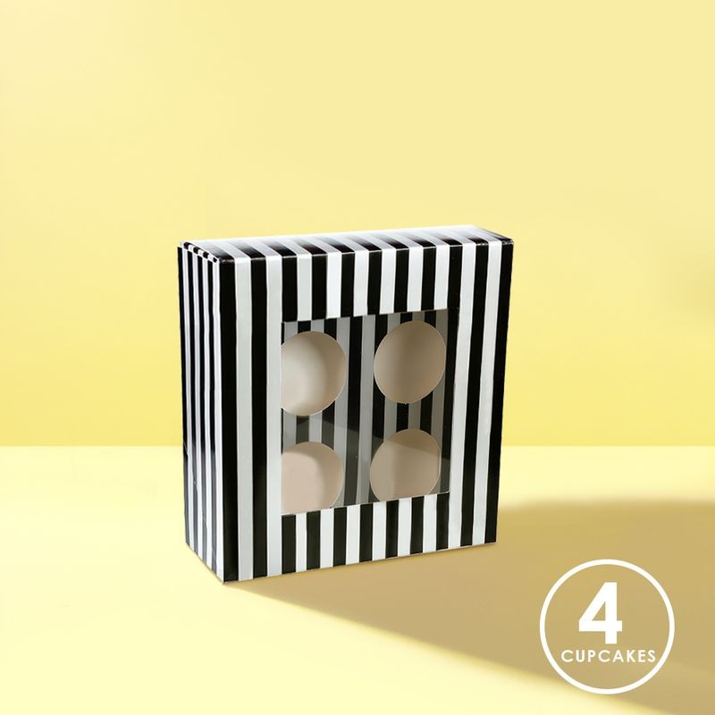 4 Hole Black & White Striped Cupcake Box with PVC Window