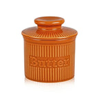 Ceramic Butter Bell Crock with Lid- Ribbed Orange
