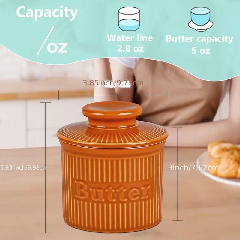 Ceramic Butter Bell Crock with Lid- Ribbed Orange