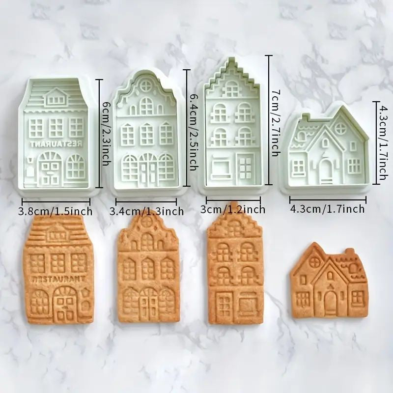 Retro Nordic Style Gingerbread House Cutter & Embosser 4pc Set
