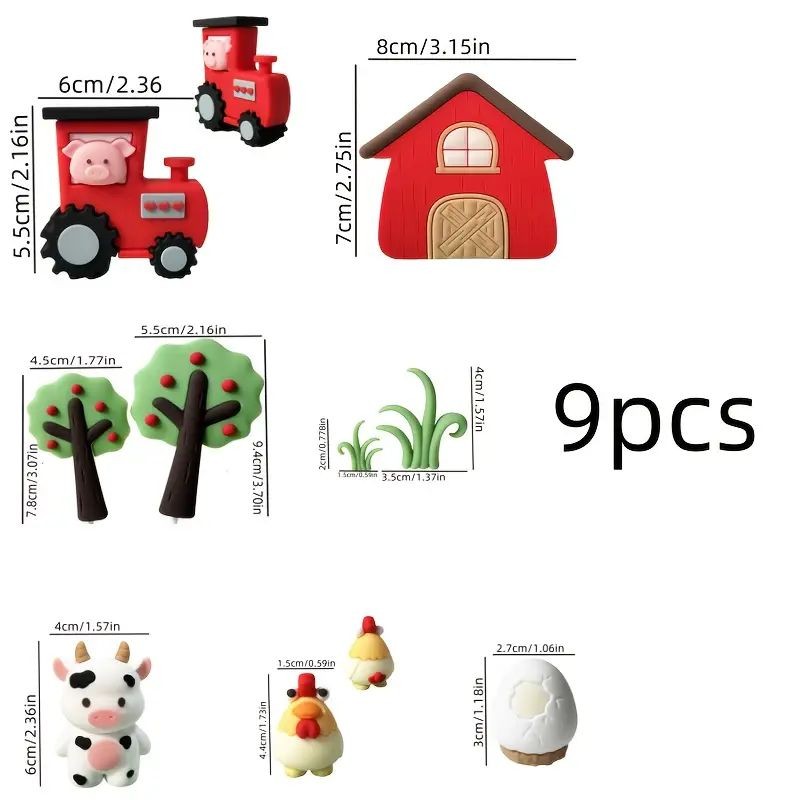 Cake Toppers - Farm Set with Tractor - 9 pieces
