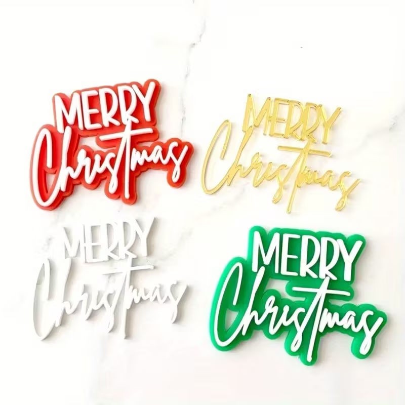 Cake Topper Merry Christmas White Acrylic 7cm