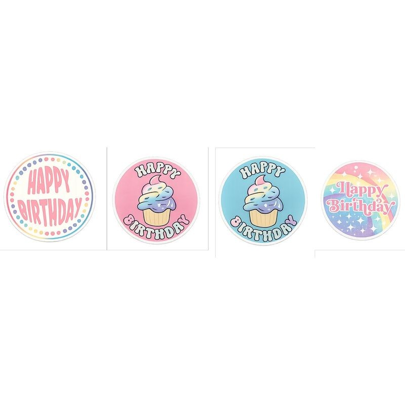 Cupcake Toppers - Edible Wafer Top - Happy Birthday Script Multicoloured 12pk