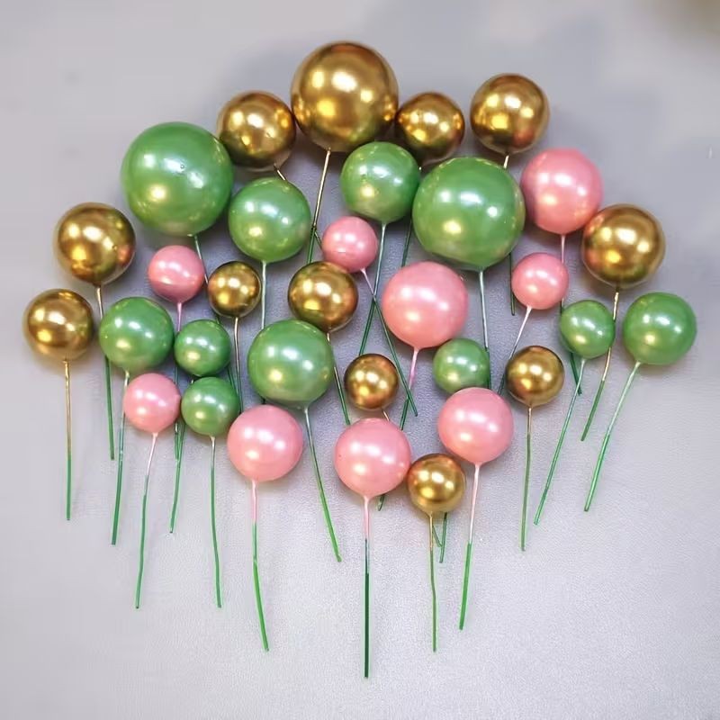 cake-topper-balls-peralised-gold-pink-green-16pc